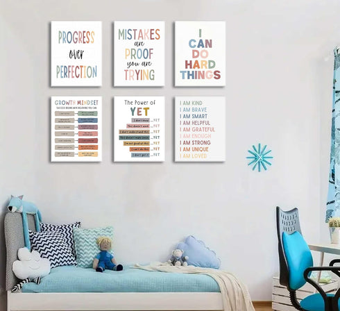 6Pcs Mindset Educational Growth Canvas Wall Art Kids Mental Health Therapy Paintings Positive Affirmations Wall Decor