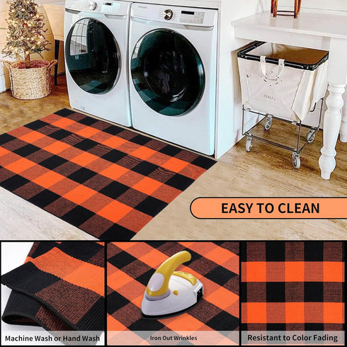 Hand-Woven Cotton Orange and Black Plaid Rug, 27.5 x 43 Inches, Washable Front Door Mat for Porch and Entryway