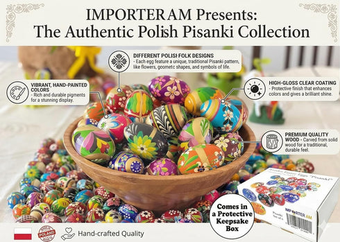 Importer AM Set 12 Polish Easter Handpainted Wooden Eggs (Pisanki) Decorative Eggs for Easter of Medium Eggs