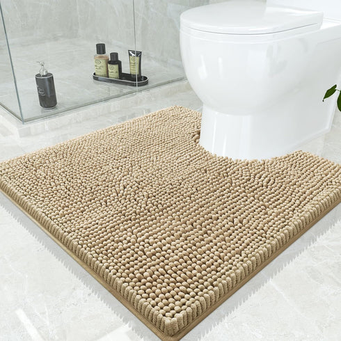 smiry Soft Chenille U-Shaped Toilet Bathroom Rugs, Non-Slip Contoured Mats, Machine Washable (24"x24", Beige)