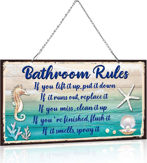 Seashell Bathroom Rules Decor Signs, Ocean Theme Beach Art for Wall, Funny Bathroom Rules Metal Sign, Blue and White