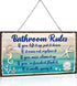 Seashell Bathroom Rules Decor Signs, Ocean Theme Beach Art for Wall, Funny Bathroom Rules Metal Sign, Blue and White