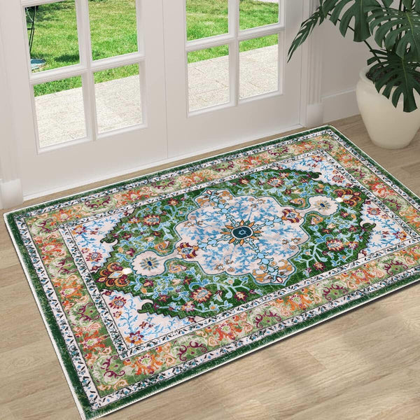 U'Artlines Washable Boho Area Rug, 2x3 Small Entryway Soft Non-Slip Vintage Doormat for Indoor Front Door Green
