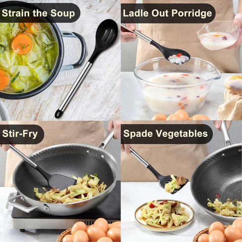 Pleafind 4-Pcs Silicone Cooking Utensils Set, Includes Wok Ladle, Slotted Spoon, Solid Spatula, Slotted Spatula,