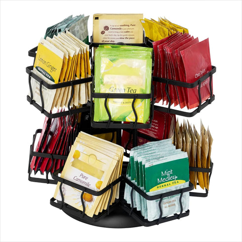 12 140 NHZ Tea Bag Organizer - Spinning Carousel Holder With Compartments, Up to Tea Bags Storage, Black Powder Coated
