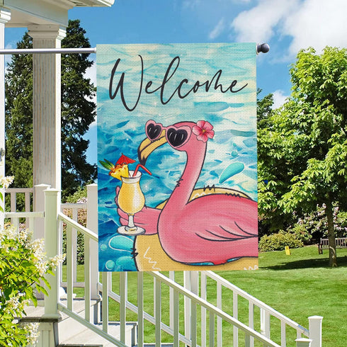 Welcome Summer House Flag, Flamingo Pool Decoration, Seasonal Outdoor Farmhouse Yard Double Sided 28x40 Inch