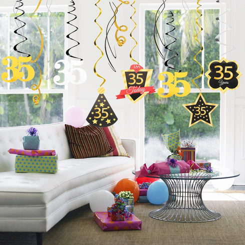 LINGTEER Happy 35th Birthday Decorations - 12 Pcs Black & Gold Foil Swirls Streamer Set for 35 Years Old