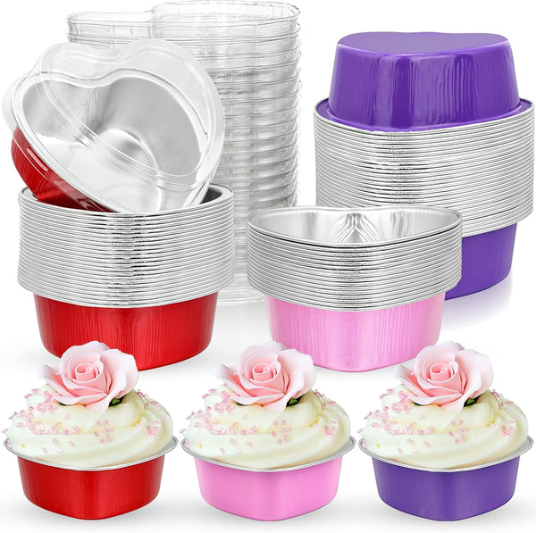 Honeydak Heart Shape Cake Pan, Aluminum Foil Mini Cake Cup with Lids, 100ml Disposable Baking Cups, 3 Colors (48 Sets)
