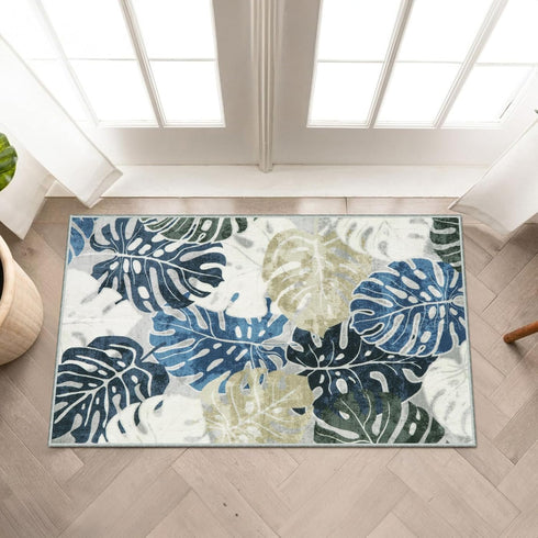 Wonnitar 2x3 Kitchen Sink Rug, Machine Washable Blue Bathroom Leaf Rugs, Monstera