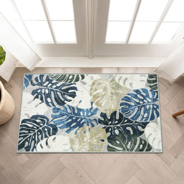 Wonnitar 2x3 Kitchen Sink Rug, Machine Washable Blue Bathroom Leaf Rugs, Monstera