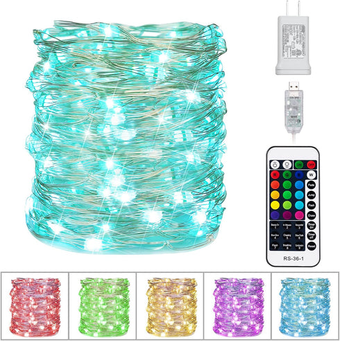 Minetom Color Changing Fairy String Lights, 33 ft 100 LED USB Silver Wire Lights with Remote and Timer, 16 Colors