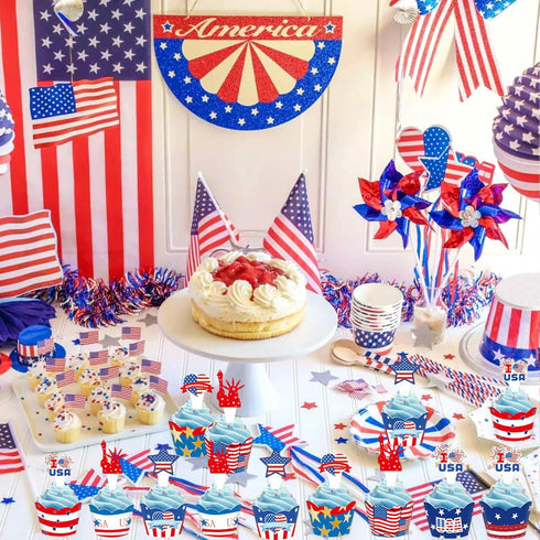 24 PCS 4th of July Cupcake Toppers, USA Patriotic Cupcake Liners for Cake Decoration Supplies