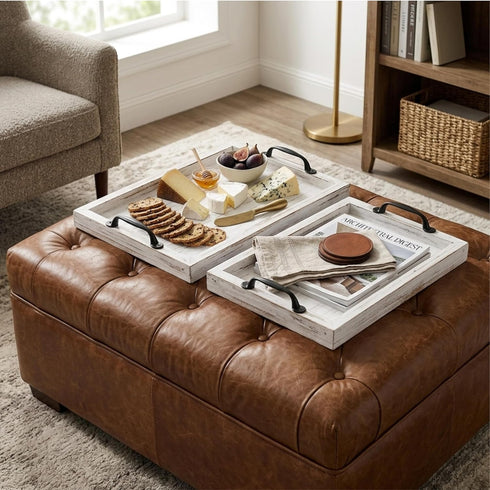 2 Rustic Serving Tray with Handles - Nesting Trays for Serving Food - Wooden Tray for Decor, Coffee Table & Ottoman