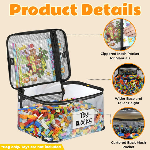 WinzMil 6-Pack Extra Large Toy Storage Bags with Zippers & Labels, Reusable Clear TPU Waterproof Organizer for Kids
