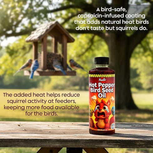 (16oz) Flaming Hot Pepper Bird Seed Oil - Extremely Spicy Squirrel Seed Sauce - Helps Limit Squirrels at Bird Feeders