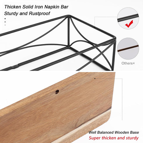 Guest Napkin Holder, Modern Metal Bathroom Paper Towel Caddy for Countertop & Kitchen (Black, Wooden Base)