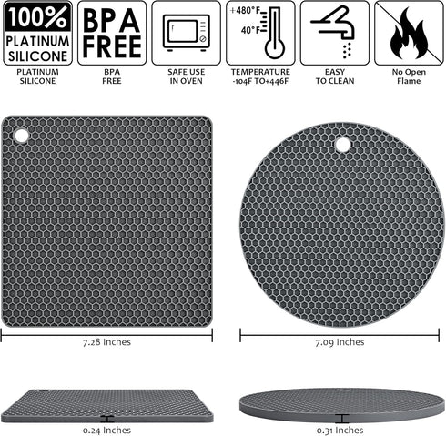 Silicone Trivets for Hot Dishes, Trivet Mat Hot Pads for Kitchen, Silicone Pot Holders for Kitchen, Trivets for Hot Pots and Pans, Heat Resistant Mats for Quartz Countertops, Set 4 Dark Gray