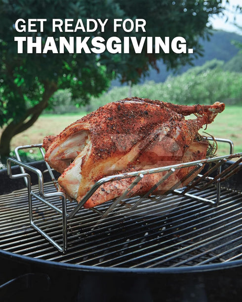 BONPAZ 18" Rib and Roast Rack for Big Green Egg, Turkey Roasting Rack for Grilling and Smoking - Stainless Steel Pan