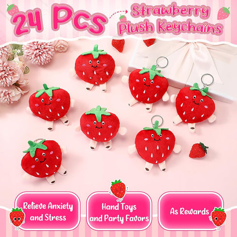 24 Pcs Cute Strawberry Fruit Keychains - Plush Pendant Kawaii Charm for Party Favors