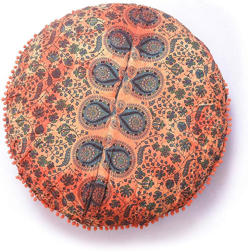 32 Inch Floor Pillow Cover Only Orange Tie Dye Mandala Cushion Case, Round Meditation Cushion Cover