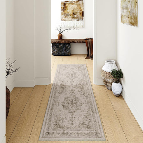 Runner Rug 2x5 Vintage Hallway Area Rug, Taupe Medallion Washable Indoor Bedroom Carpet