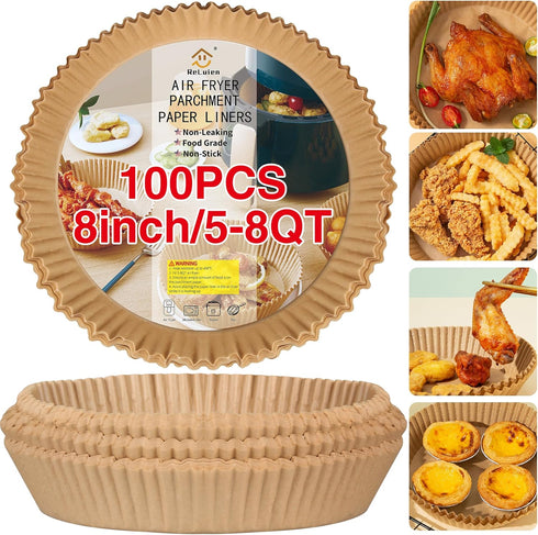 Air Fryer Paper Liners, 100PCS Non-stick Oil Resistant Parchment Paper, 8 Inch for 5-8QT Air Fryers