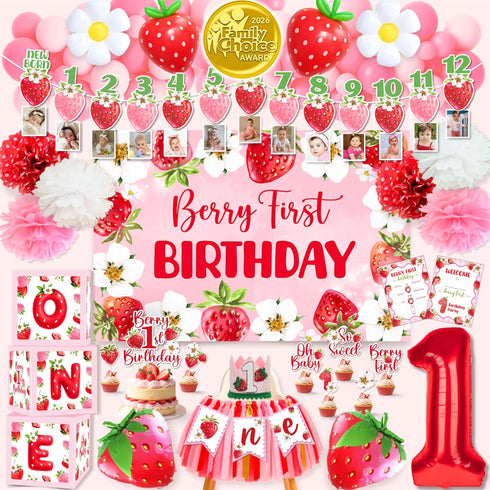 RainMeadow Premium Berry First Birthday Decorations Set - Strawberry 1st Birthday Decorations