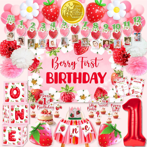 RainMeadow Premium Berry First Birthday Decorations Set - Strawberry 1st Birthday Decorations