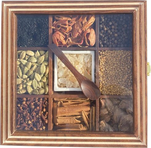 9 Countertop Premium Wooden Spice Box with Glass Lid Compartment Masala Organizer for Kitchen Storage
