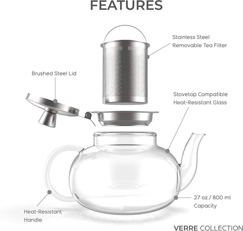 Glass Teapot Stovetop Compatible Kettle with Stainless Steel Removable Infuser, Loose Leaf Tea, Stovetop Safe Tea Pot and Strainer (27 Ounce) by Verre Collection