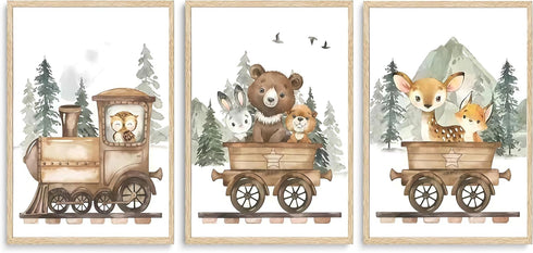 SZHUAAIC 3Pcs Woodland Animal Nursery Canvas Wall art Forest Wildlife Train Adventure Drawing
