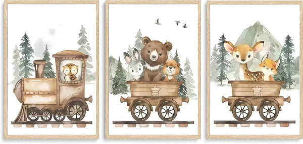 SZHUAAIC 3Pcs Woodland Animal Nursery Canvas Wall art Forest Wildlife Train Adventure Drawing