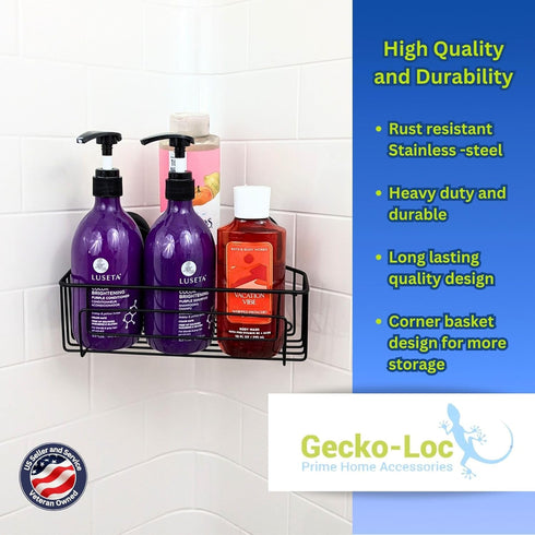 Gecko-Loc Corner Bathroom Shower Caddy shelf organizer suction cup wall storage basket - bath kitchen shampoo