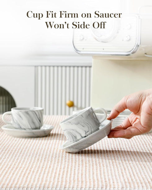 4 OZ Set 4, Set MALACASA Porcelain Espresso Cups with Saucers and Metal Stand of Stackable Cappuccino Cups, Marble Gray