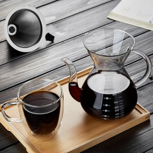 Unbreakable 8-Cup Pour Over Coffee Maker with Double Stainless Filter, Heat-Resistant Borosilicate Glass