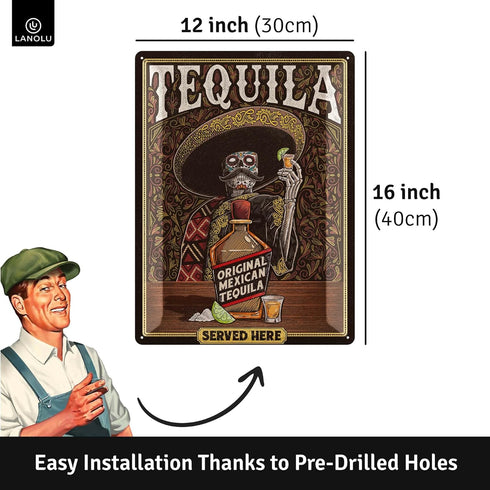 12x16" LANOLU XXL Vintage Tin Sign TEQUILA Wall Art, Vintage Retro Signs for Bar, Metal Sign La Cantina, Letrero de Bar
