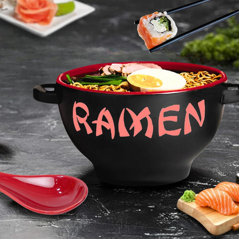 Ramen Bowl Set with Chopsticks and Spoon, 18 Ounce Red Microwavable Ceramic Ramen Bowl Set for Noodles and Pho