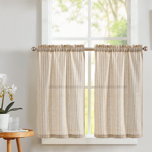 Vangao Stripe Farmhouse Kitchen Curtains 24 Inch Length Linen Blend Cafe Curtains, Semi-Sheer Small Window Treatments