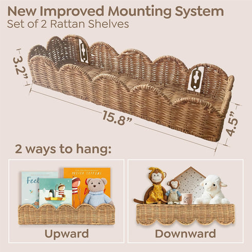 Set 2 15.8" Nursery Book Shelves of - Artisanal Natural Rattan Scalloped Book Shelf for Kids Rooms W, Cute Wicker