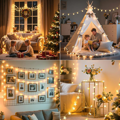 17FT 50LED 8 Lakumu Star String Lights Battery Operated, LED Star Fairy Lights Rechargeable, Twinkle Lights with Modes