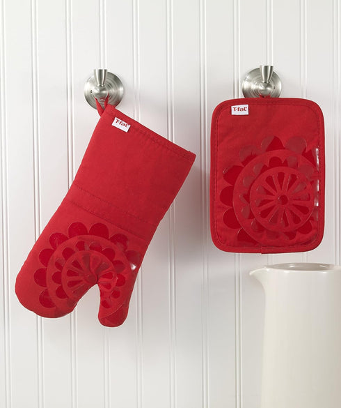 T-Fal Textiles Silicone Printed Medallion 100% Cotton Twill Oven Mitt, 12.75" x 7", Red