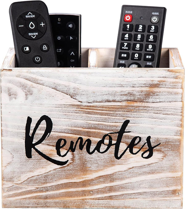 Rustic Whitewashed Wood Remote Control Holder, Two Slot Tabletop Organizer for Game Console, Mobile Phone, Living Room
