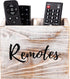 Rustic Whitewashed Wood Remote Control Holder, Two Slot Tabletop Organizer for Game Console, Mobile Phone, Living Room