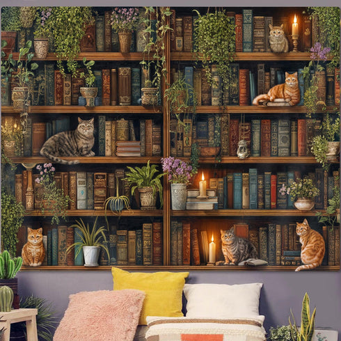 40X30 Inch GOAOK Magic Library Tapestry, Green Nature Plant Bookshelf Tapestries for Classroom, Vintage Retro Witchy
