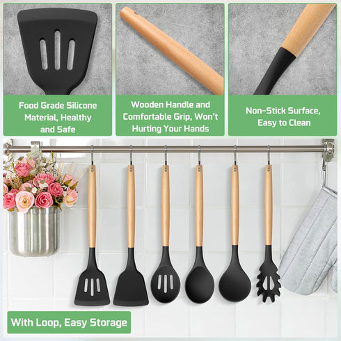 TeamFar Silicone Kitchen Utensils Set, 6 Piece Set with Wooden Handles for Non-stick Cookware