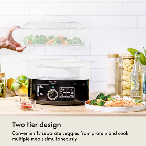 BELLA Two Tier Food Steamer, 7.4 QT, Stainless Steel, Stackable Baskets & Dishwasher Safe Lids