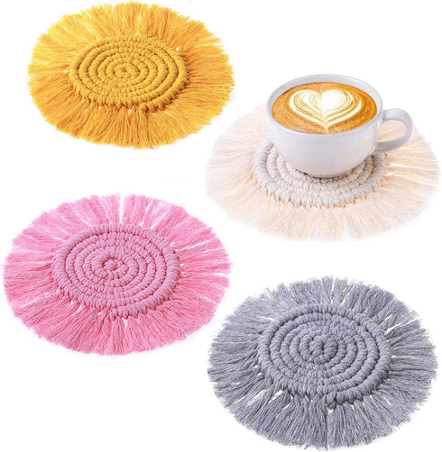 4PCS Macrame Coasters for Drinks, Handmade Cotton Coasters Set, Boho Woven Coasters with Tassels for Mugs and Cups