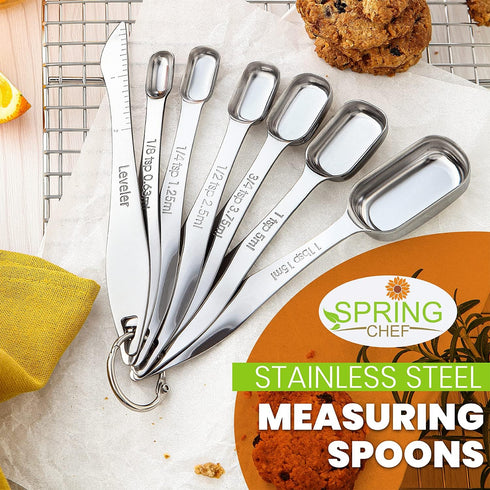Spring Chef Stainless Steel Measuring Spoons Set of 7 with Leveler, Nesting Kitchen Gadgets for Baking & Cooking