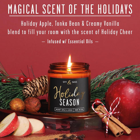 Holiday Candles, Christmas Candles Scented – ‘Holiday Season’ Soy Candle, w/Apple, Cinnamon & Clove - Infused with Essential Oils I Holiday Candle I 9oz, 50Hr, Made in USA