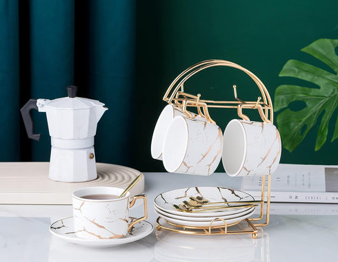 4- 7OZ -TCS26 4) Jusalpha Serve of Hand Printed Golden Matte Ceramic Marble Tea Coffee/Tea Cups with Spoons and Cup